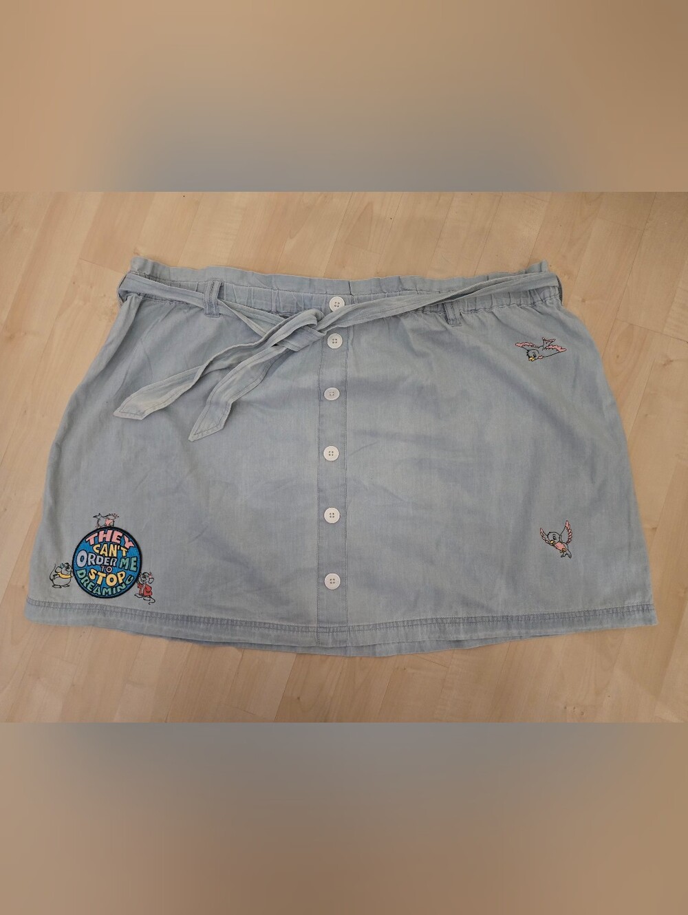 Light Blue Faux Button-Front Denim Cotton Skirt with Tie Waist